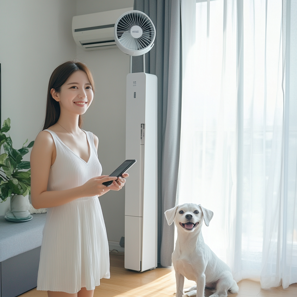 A woman stands in living room with pets