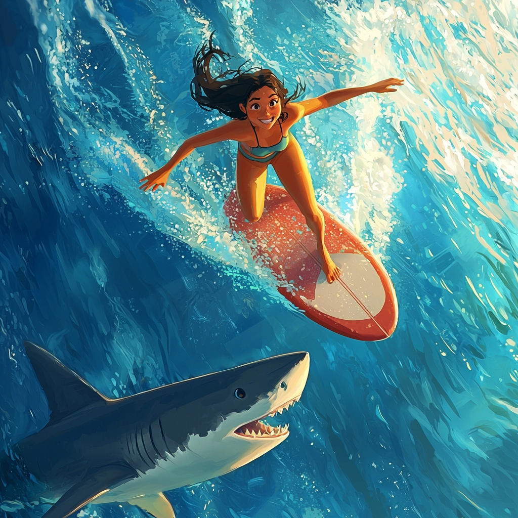 A woman surfing with shark nearby in ocean.