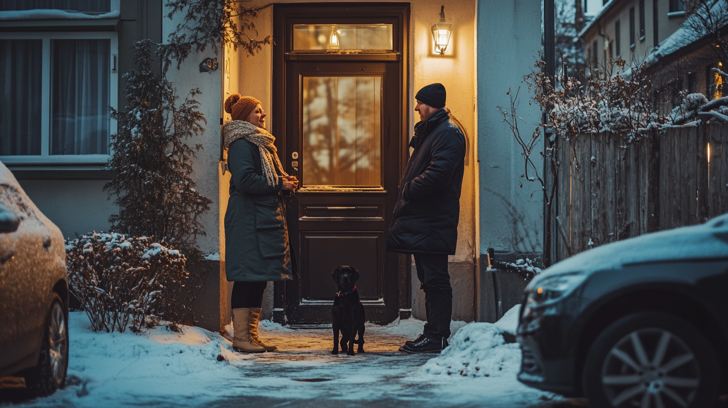 A woman talking to a man with dog.