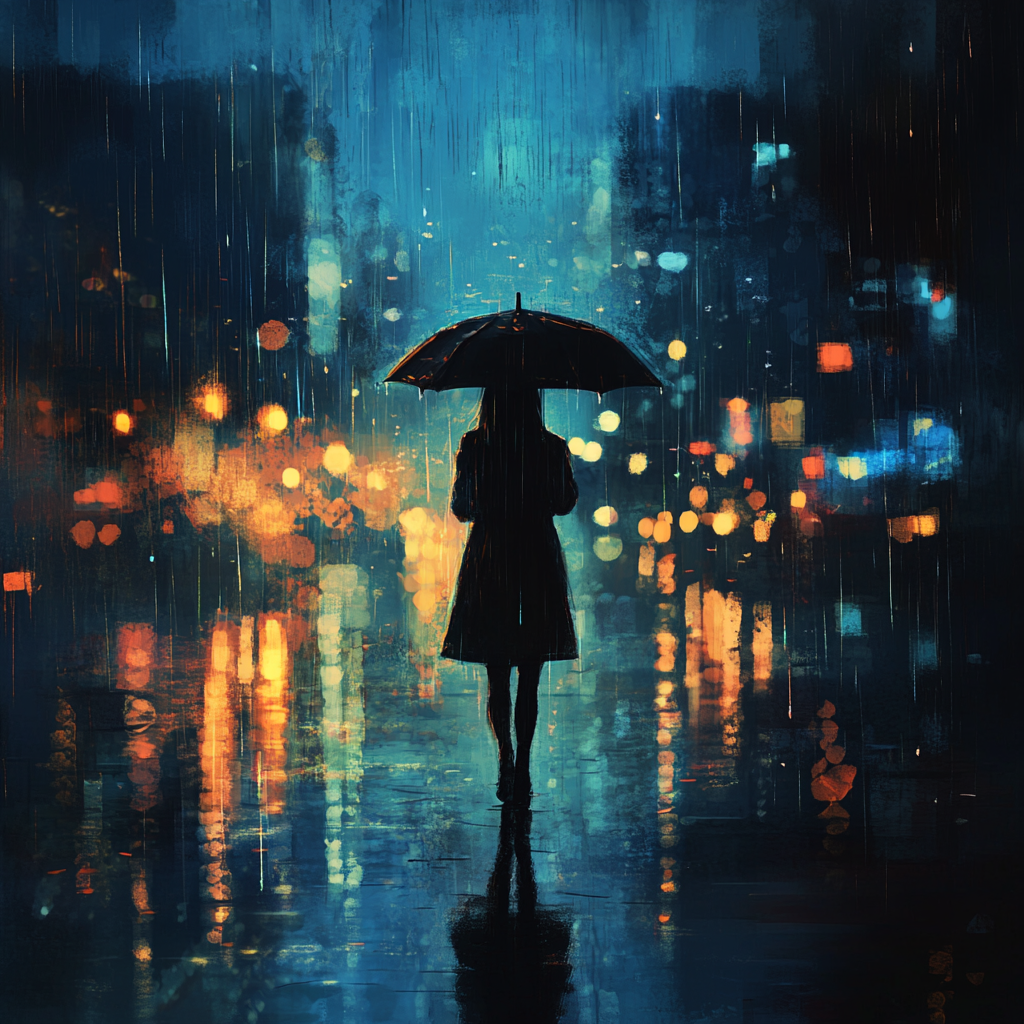 A woman walking alone in the rain.