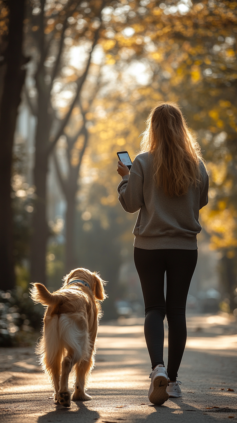 A woman walking dog on sunny morning