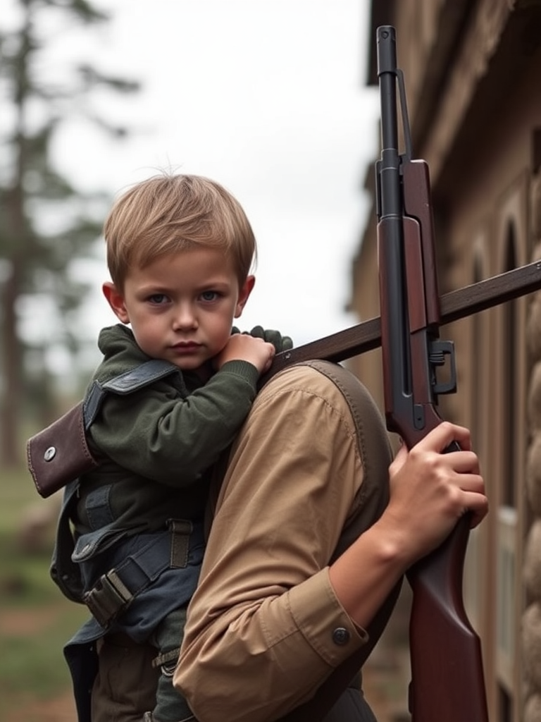 A woman wearing a pip boy and carrying a rifle.