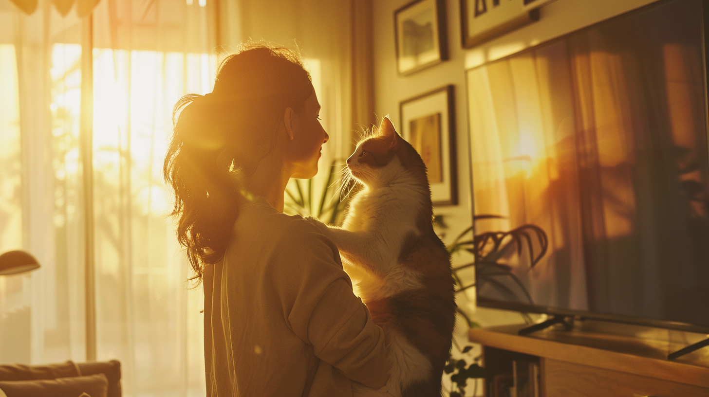 A woman with a blurry cat in a frame.