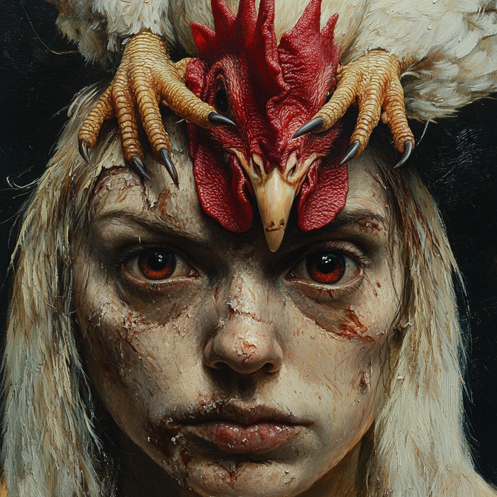 A woman with a chicken on head, scary look.