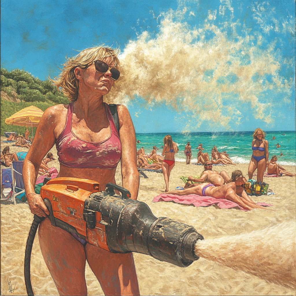 A woman with a leafblower blows sand at beachgoers.