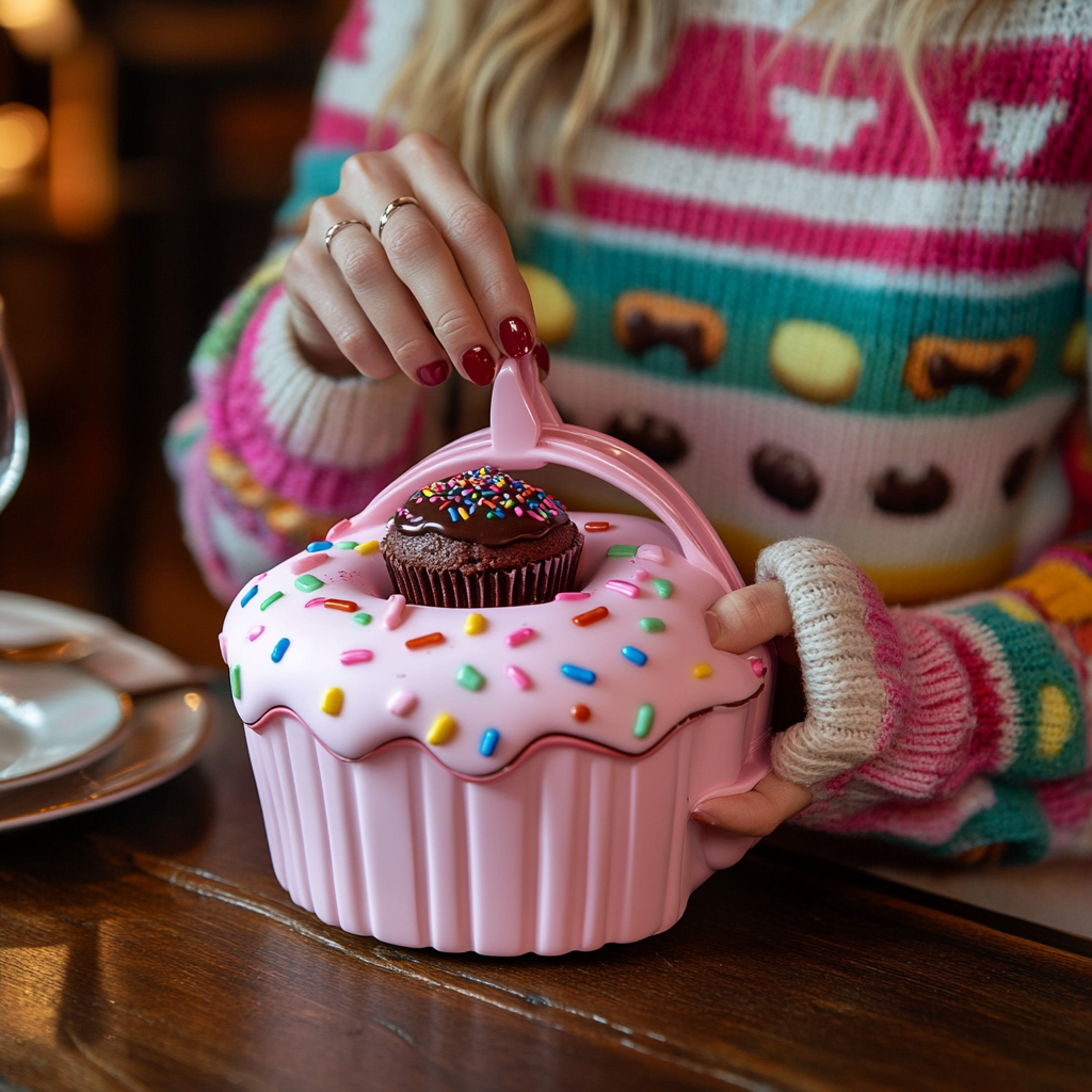 A woman with cupcake purse eats sweet treat.