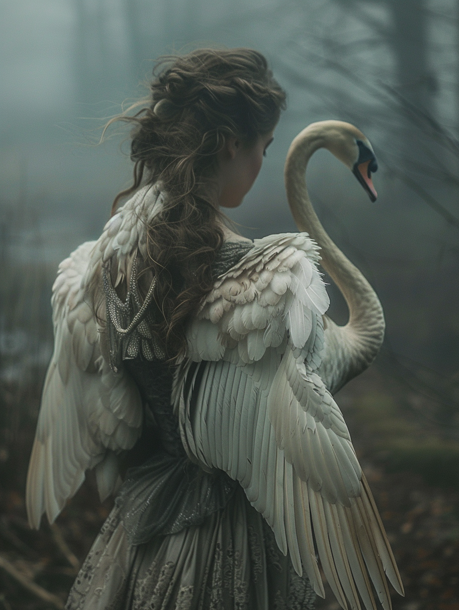 A woman with swan wings in spooky woods.