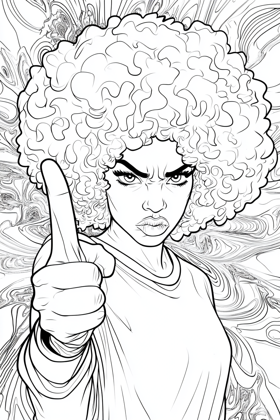 A woman with white afro showing middle finger