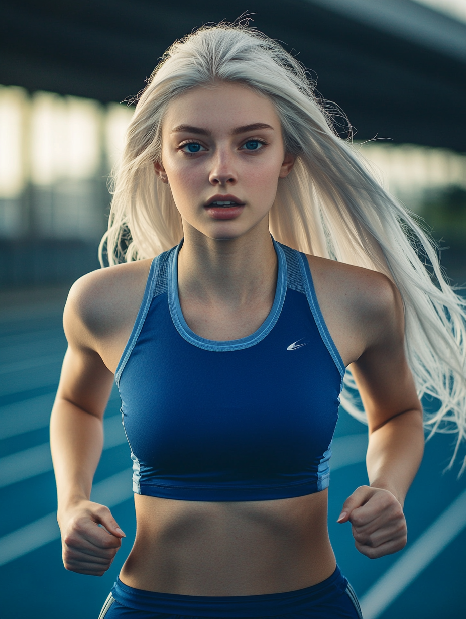 A woman with white hair runs in stadium