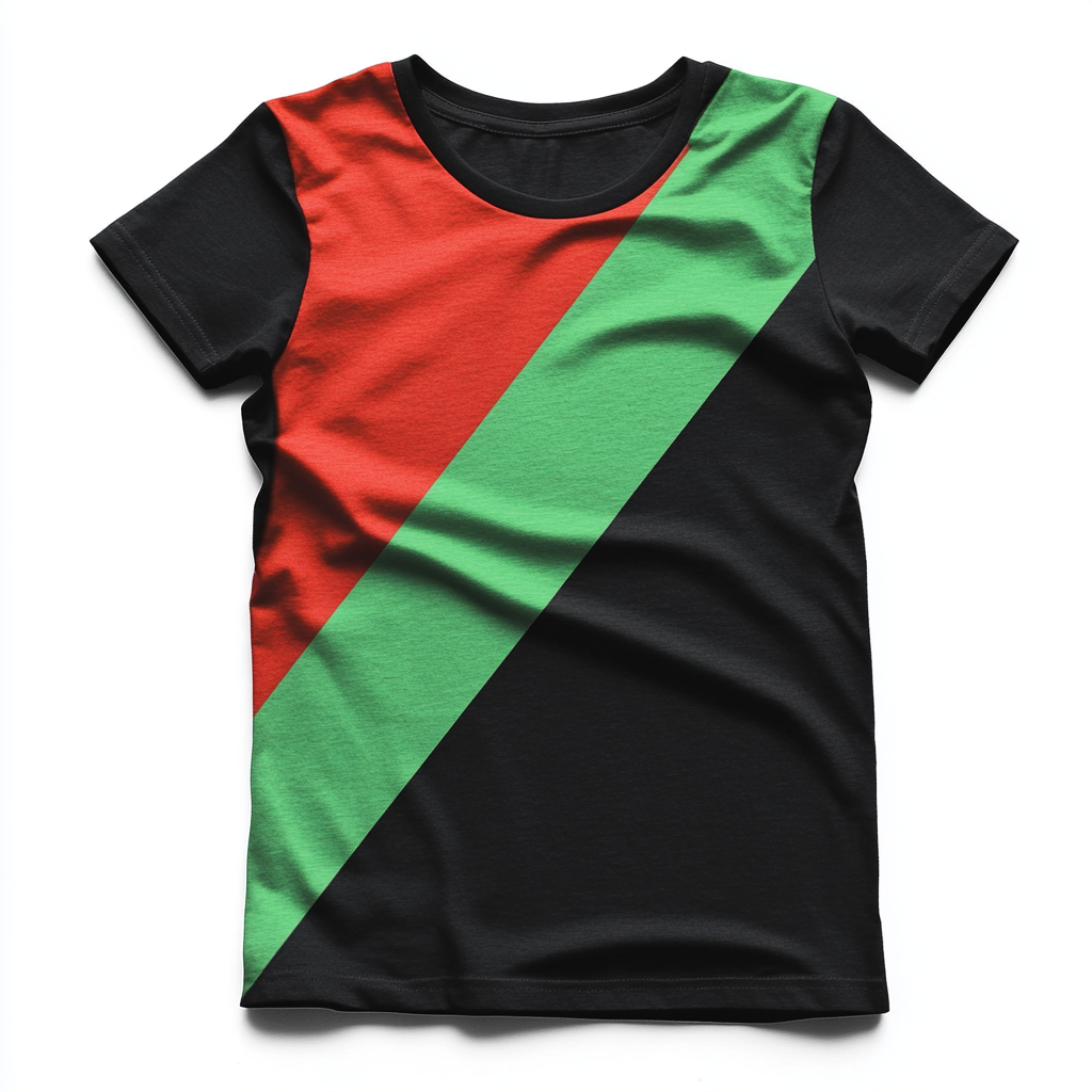 A women's t-shirt with large red triangle, green, black.