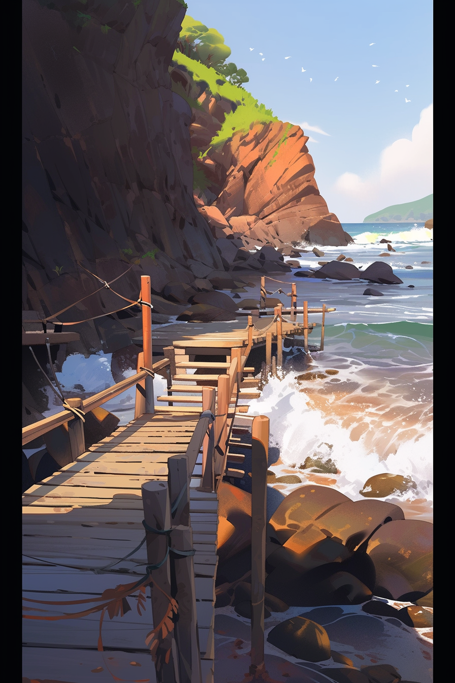 A wooden dock at rocky beach during evening