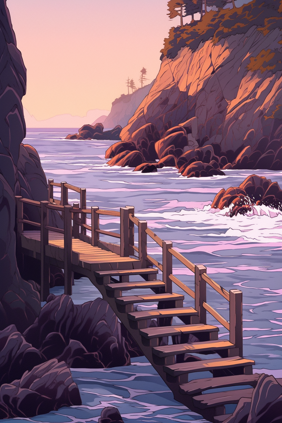 A wooden dock at sunset, waves crashing