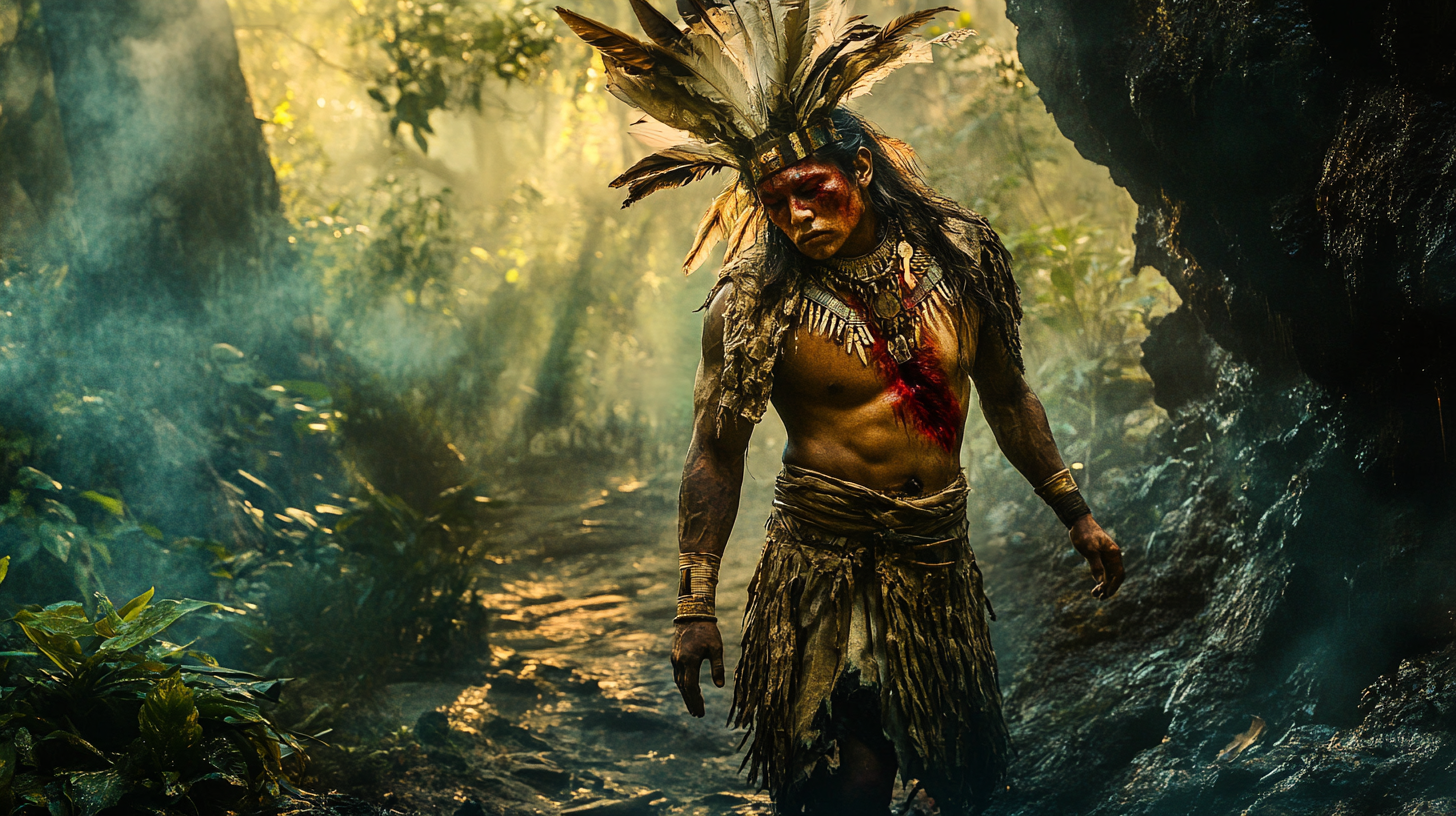 A wounded Aztec leader walking towards cave entrance