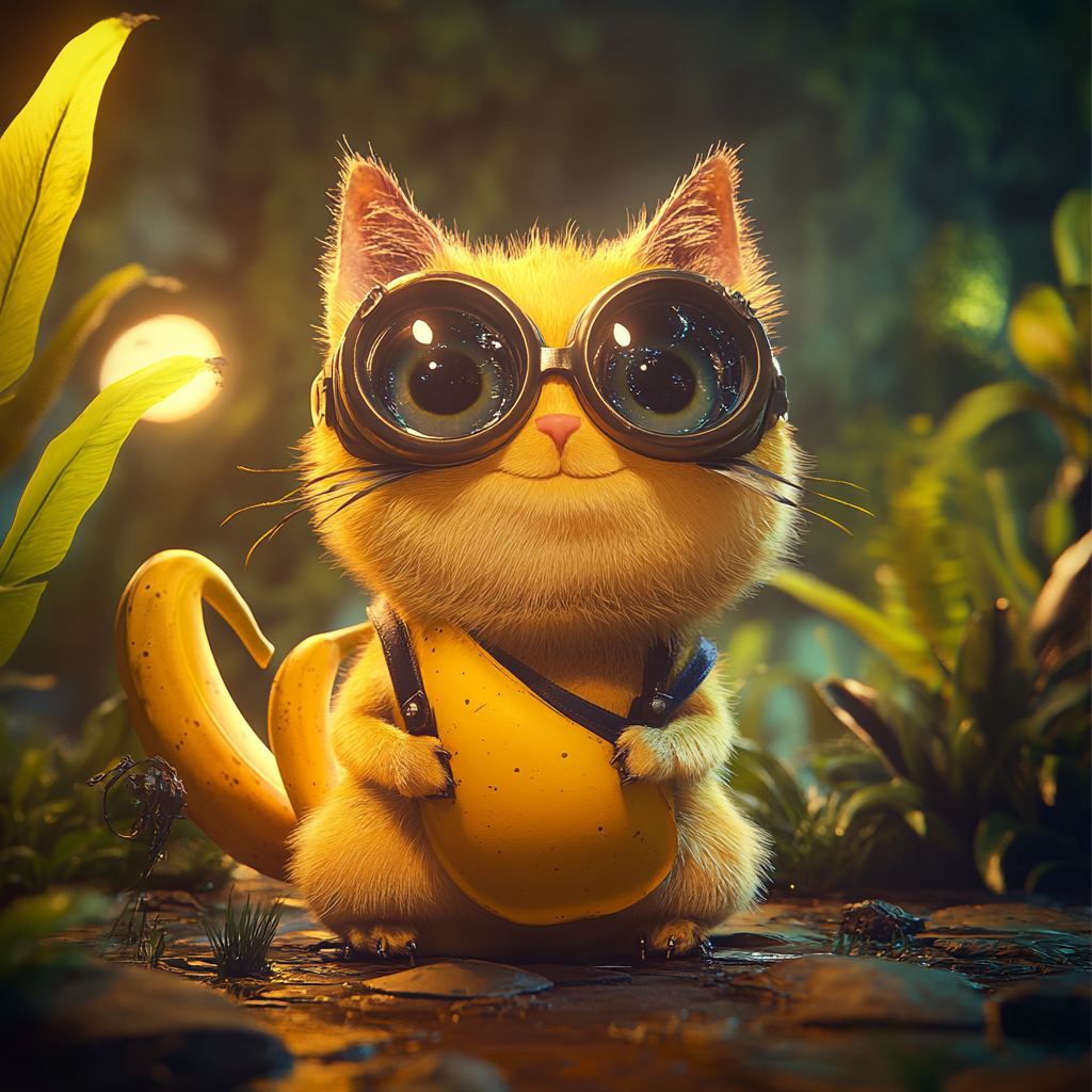 A yellow banana-shaped cat with minion goggles.