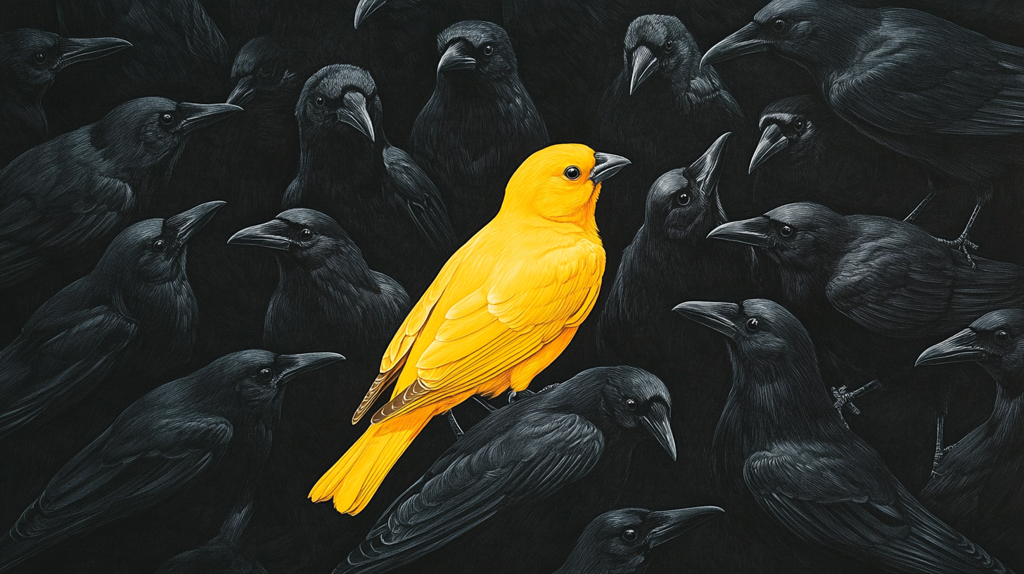 A yellow canary among many black crows.