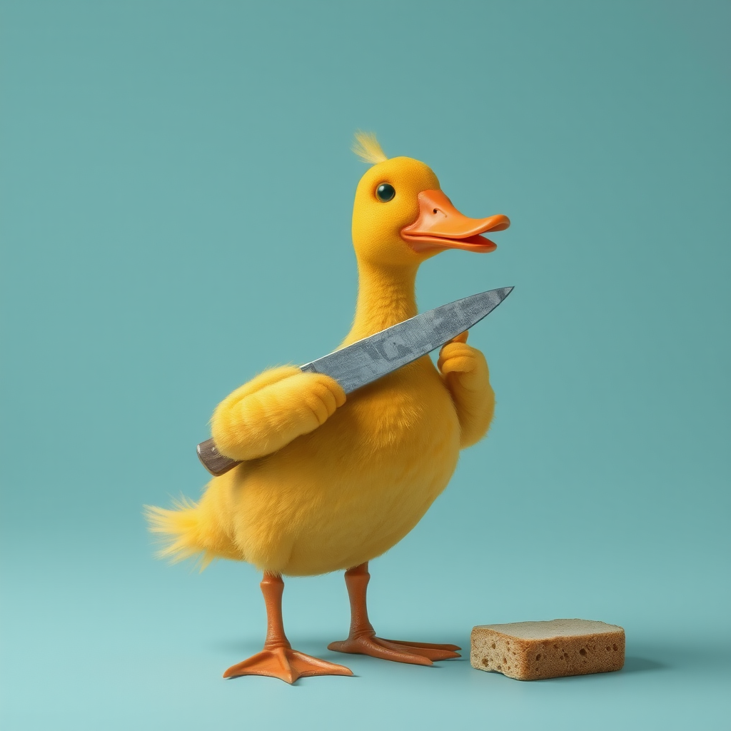 A yellow duck with a knife wants bread.