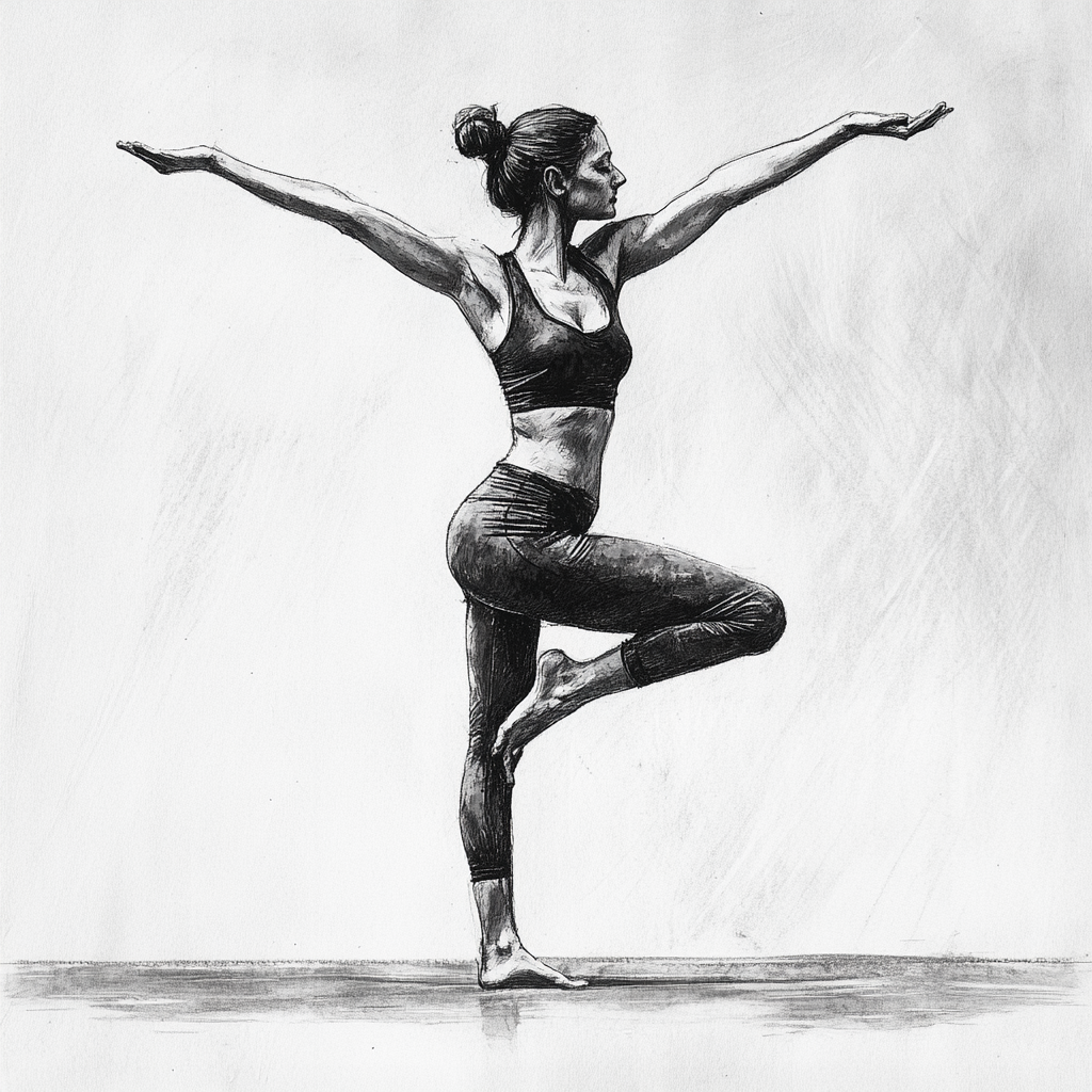 A yoga instructor in a balancing pose stretching arms.