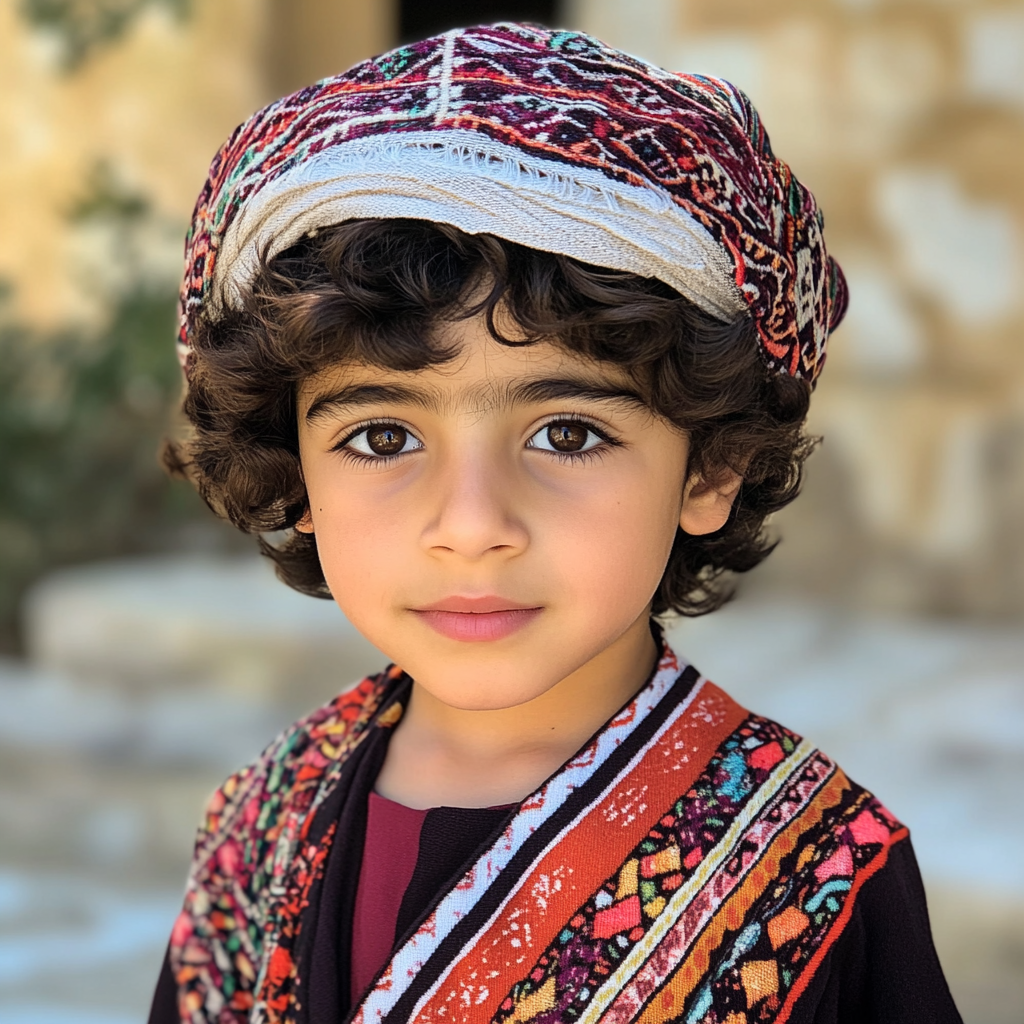 A young Arab boy in colorful traditional clothing.