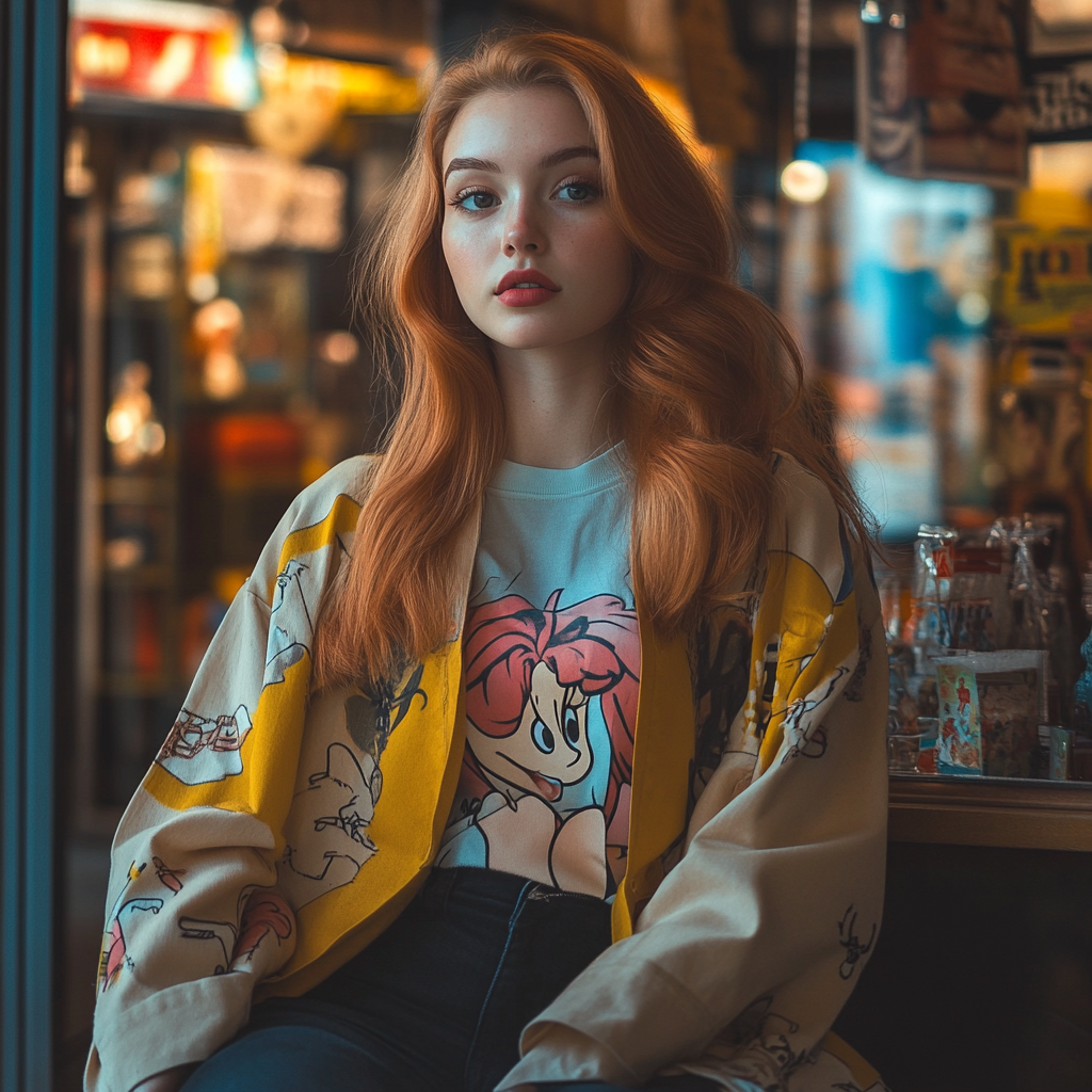 A young Caucasian woman in vintage Disney attire.