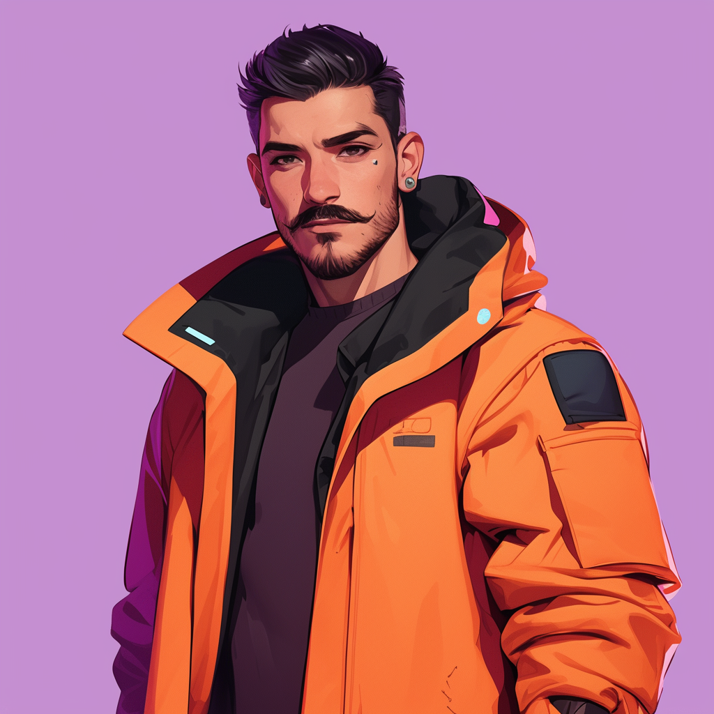 A young Hispanic man in orange sci-fi jacket