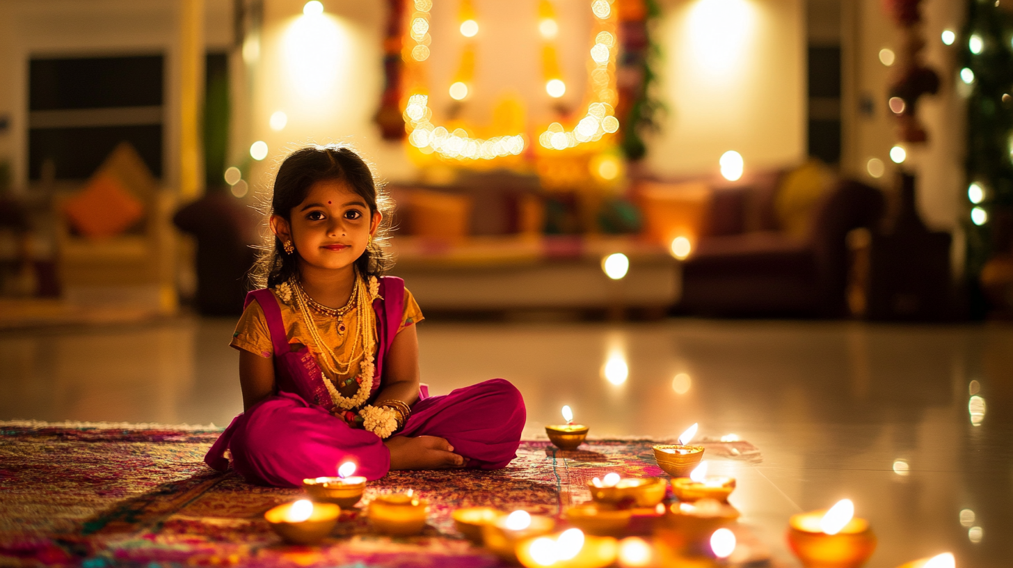 A young Indian sibling in a Diwali-decorated room