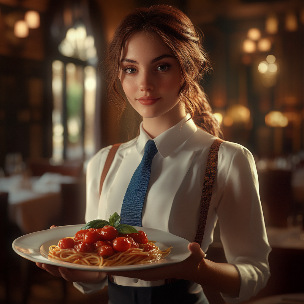 A young Italian waitress holding tomato pasta plate.