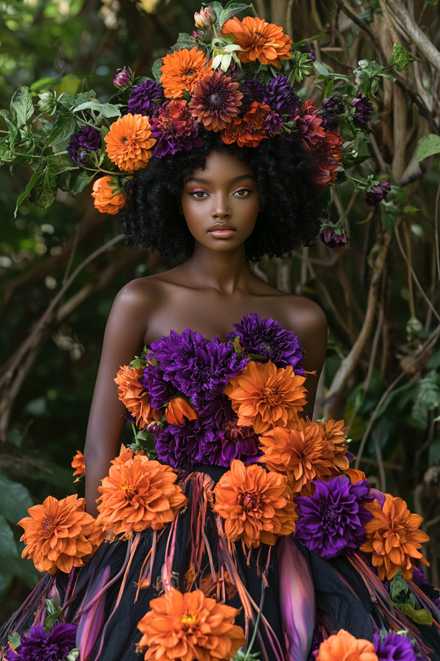 A young black woman in ballgown with floral headpiece.