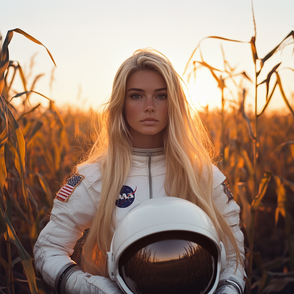 A young blonde woman in an astronaut outfit