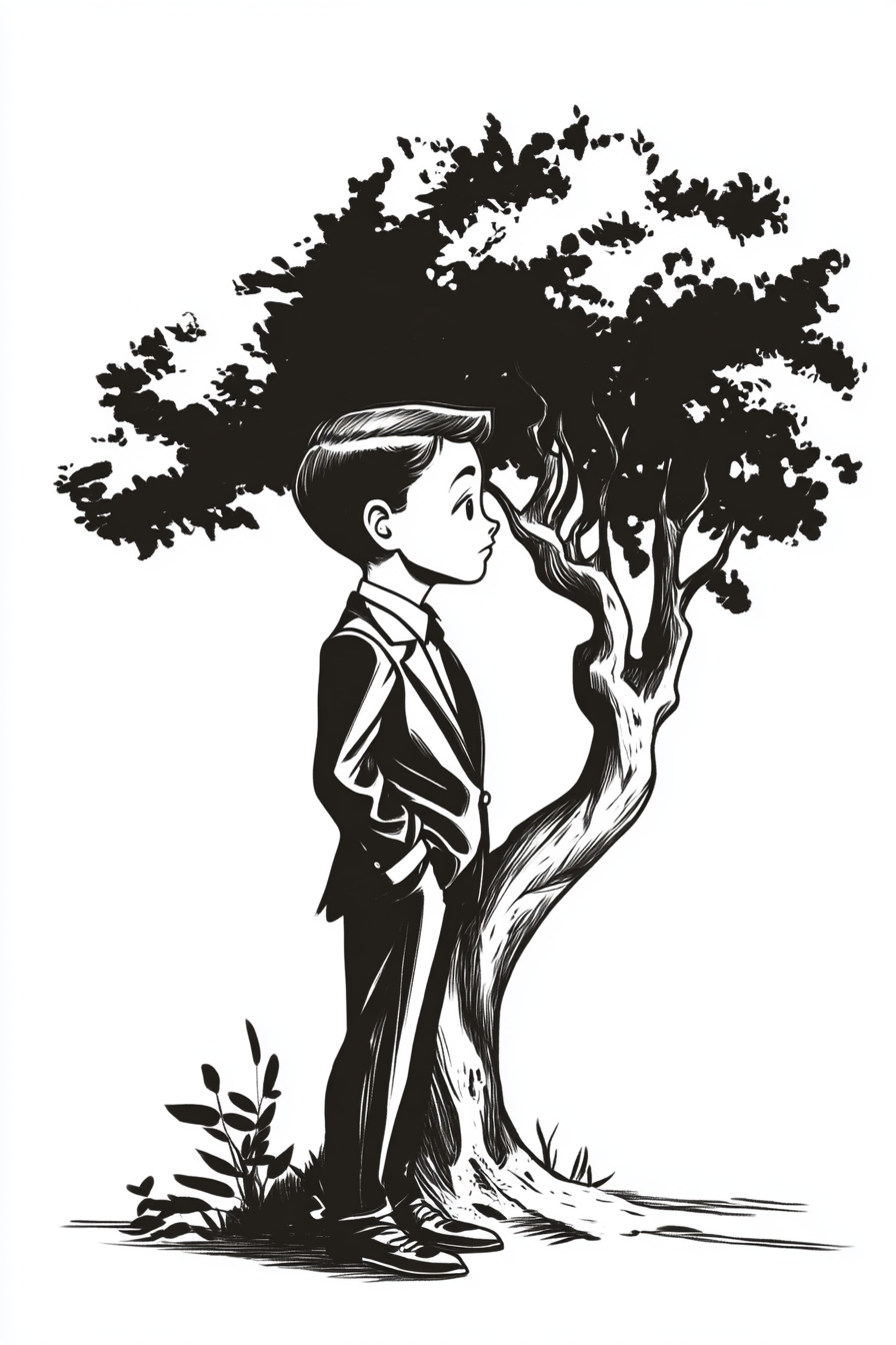 A young boy in oversized suit by tree