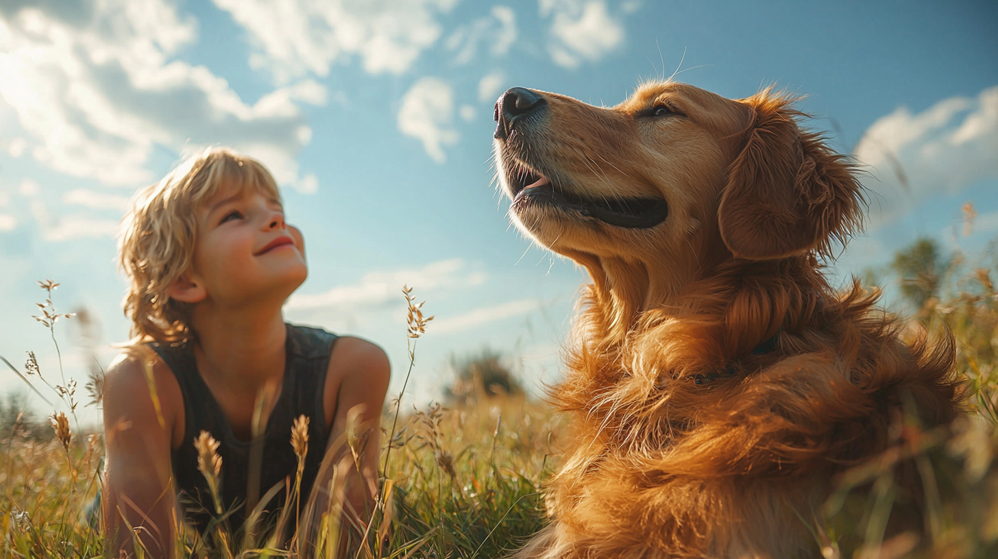 A young boy petting a golden retriever in field.