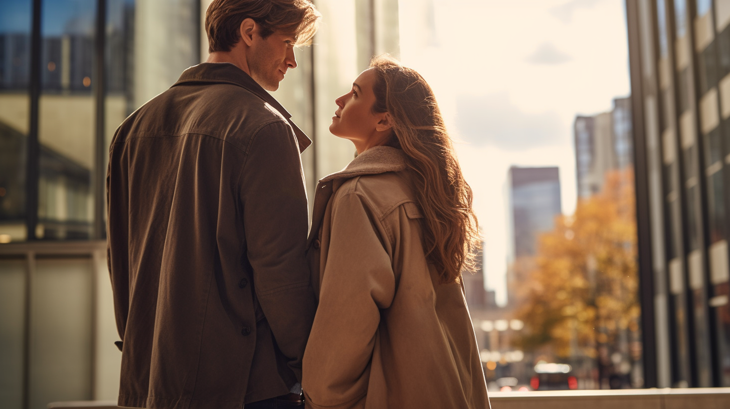 A young couple admiring a modern cityscape