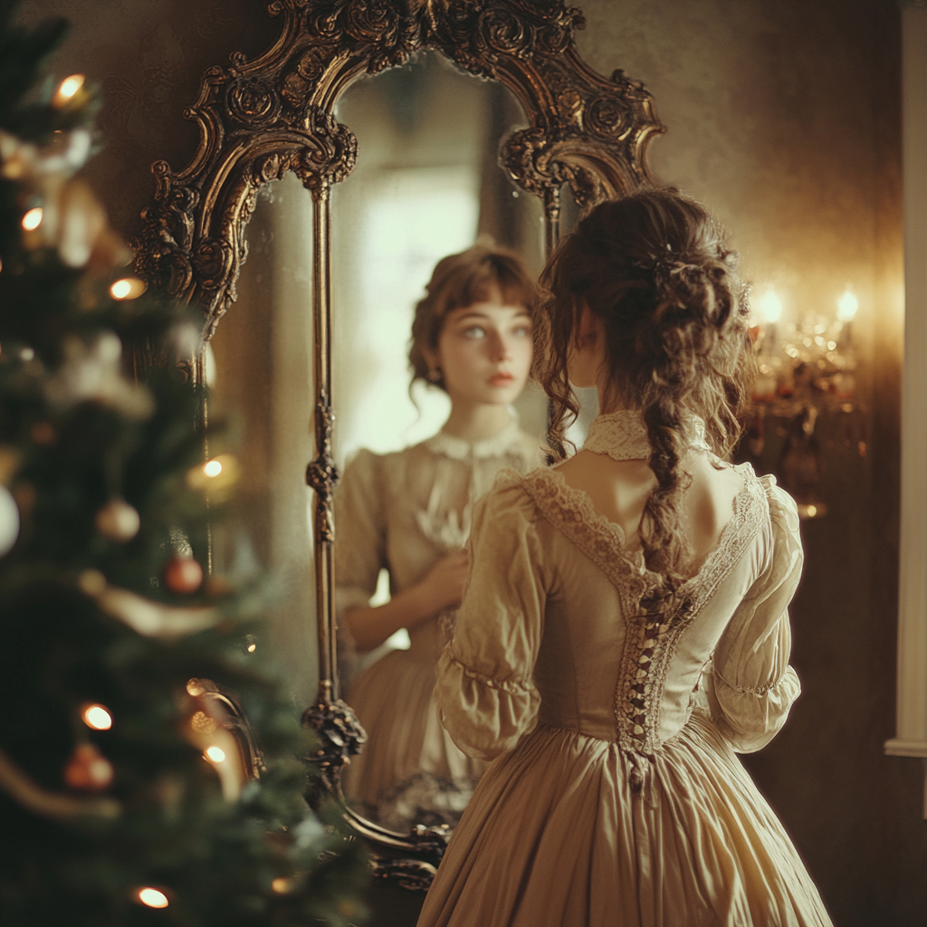 A young girl in old-fashioned dress looks in mirror