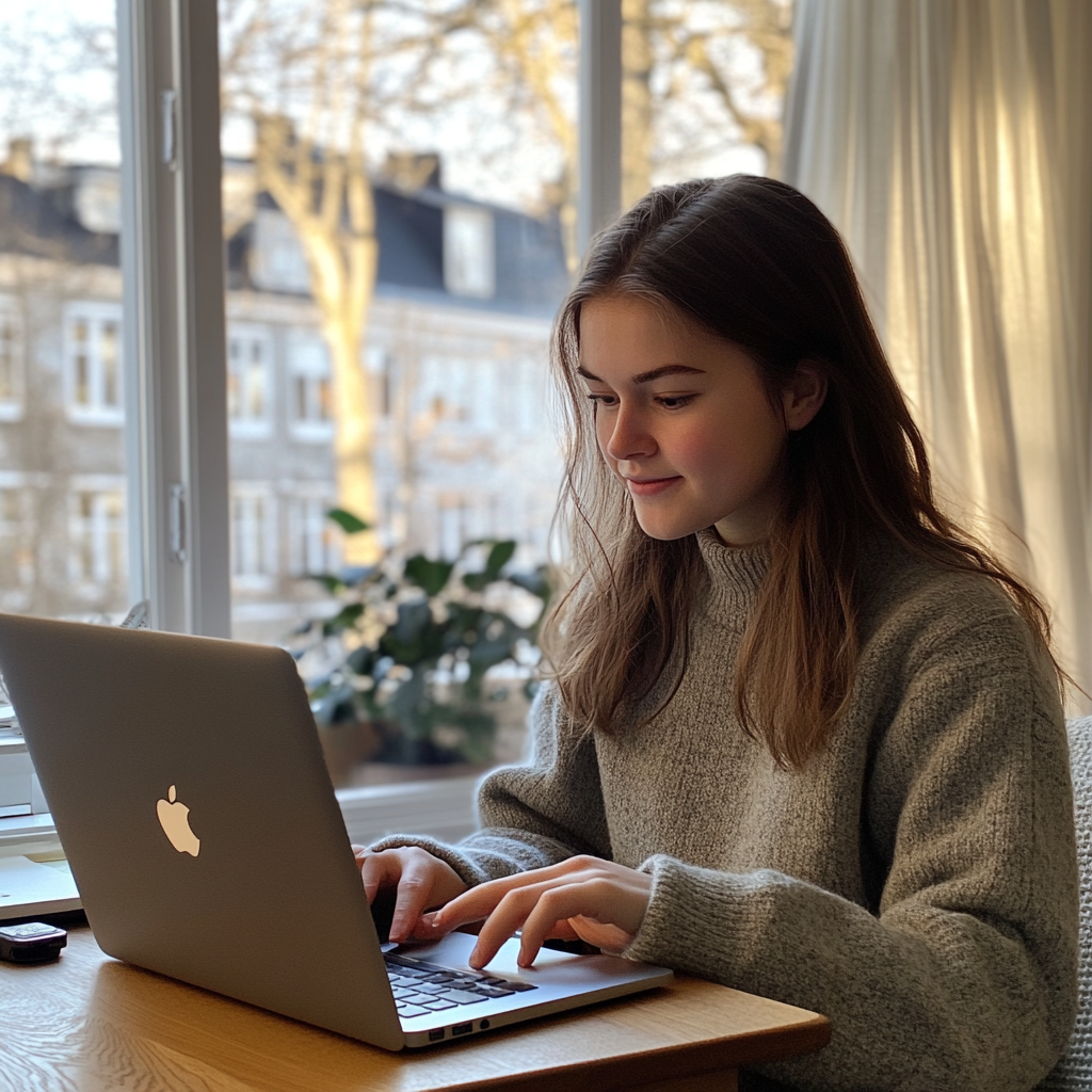 A young girl studying with a MacBook and iPad.