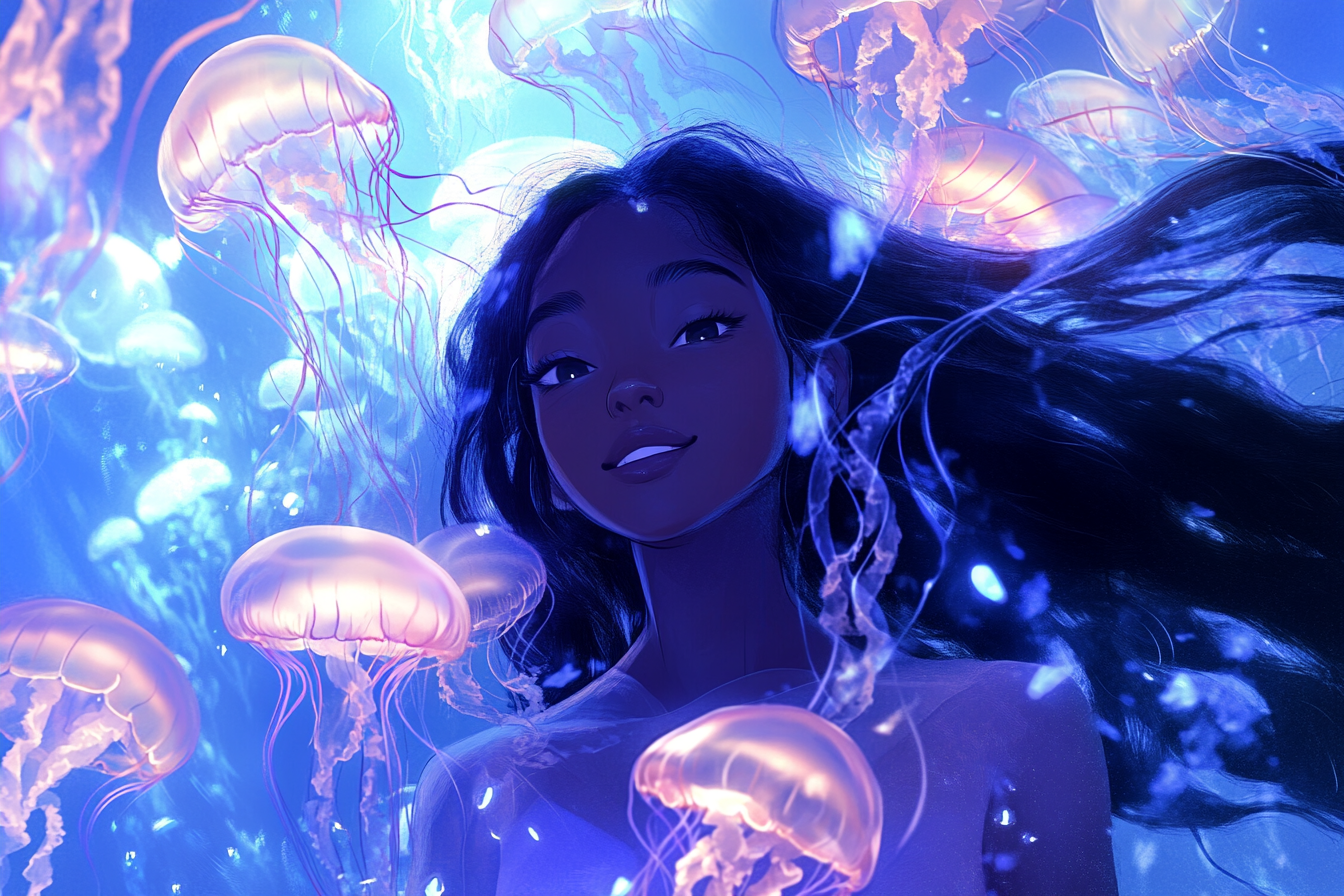 A young girl with shiny hair and rainbow jellyfish.