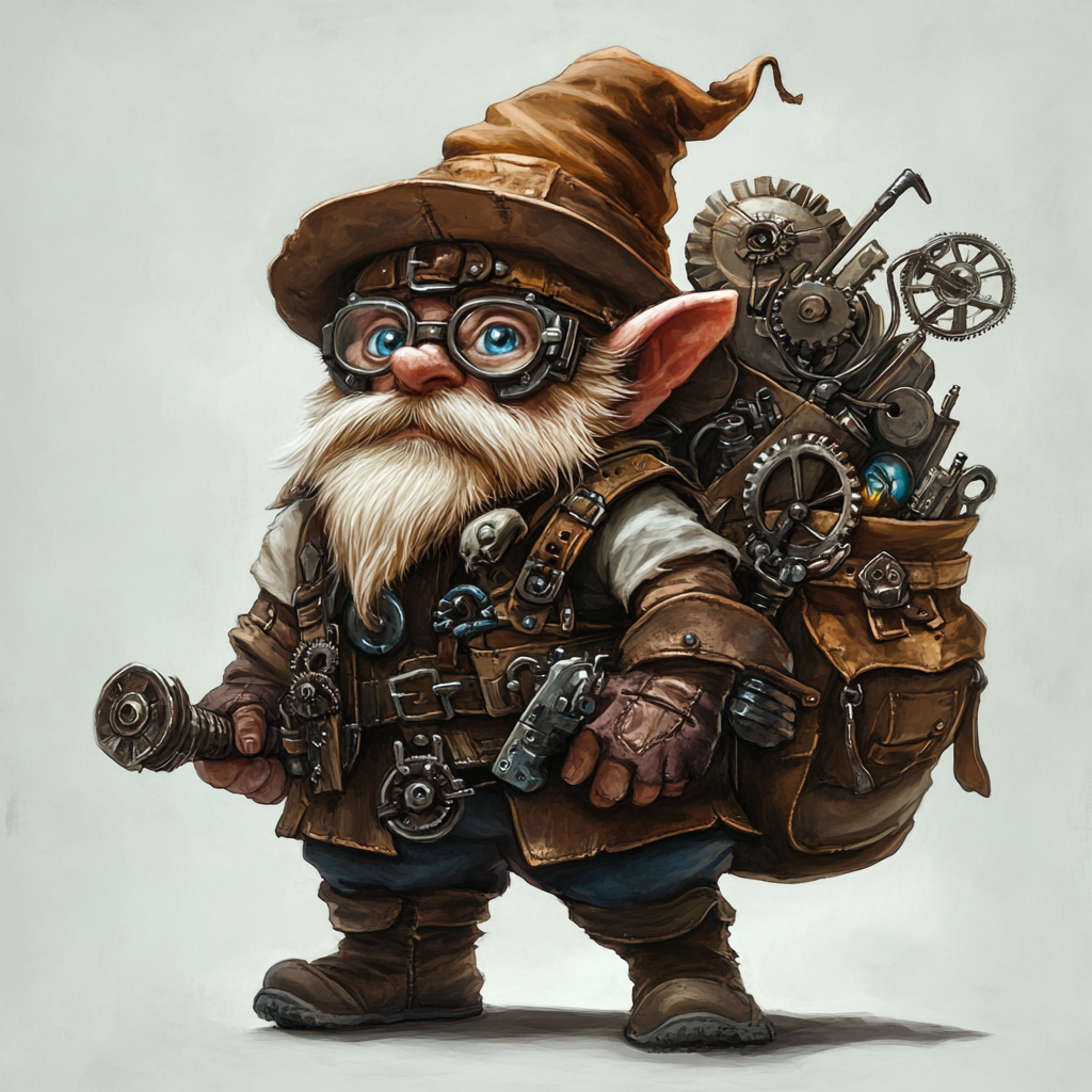 A young gnome wizard with blue eyes and tools.