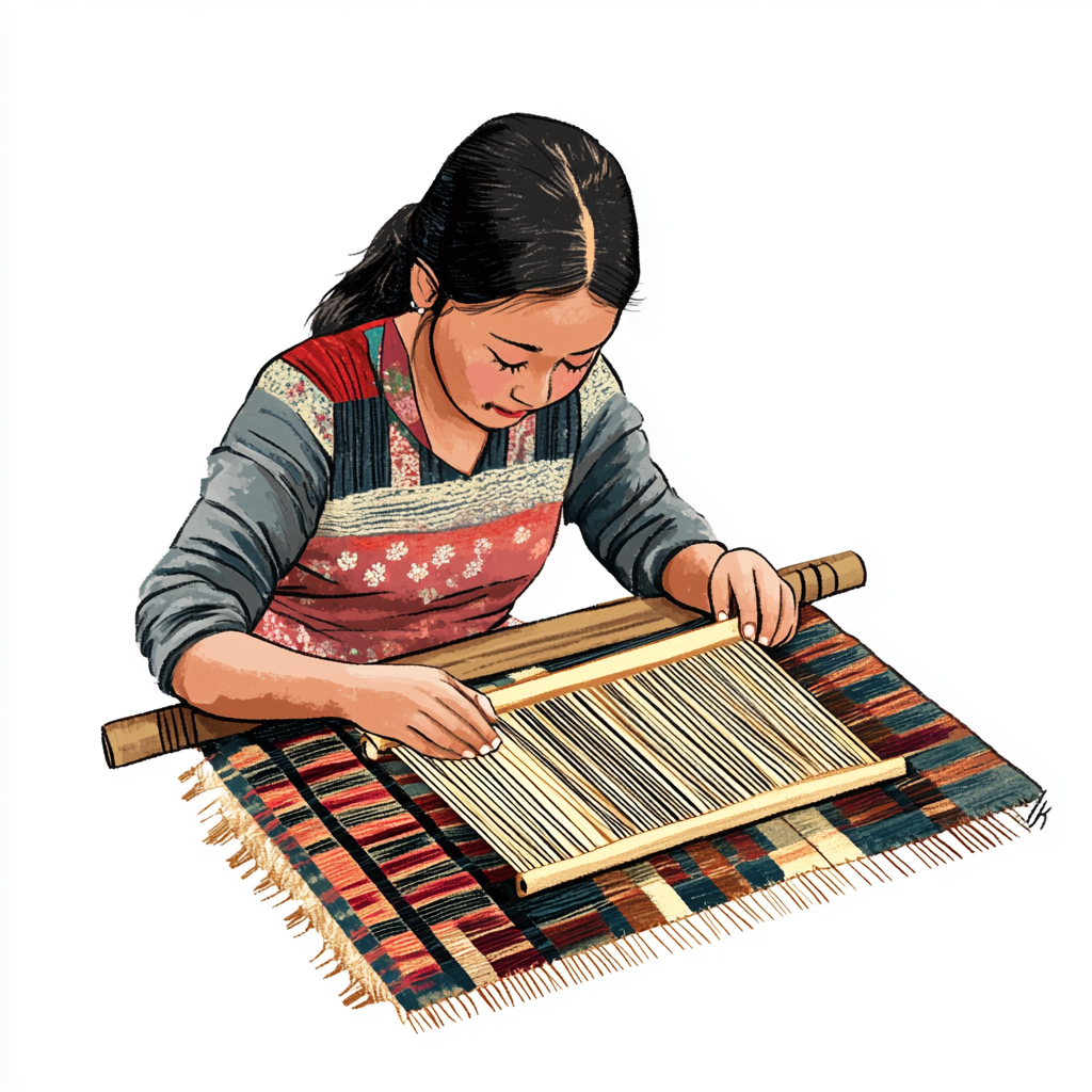 A young lady weaving silk fabric peacefully