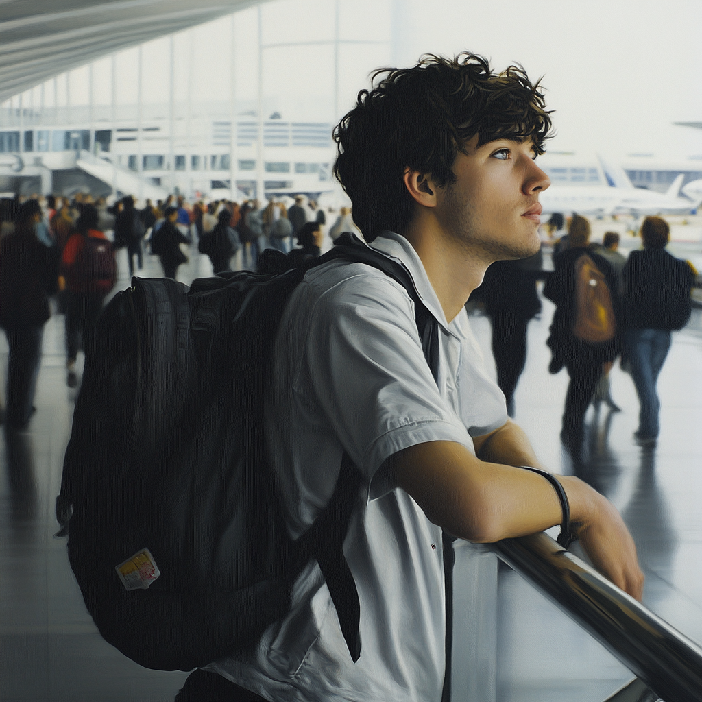 A young man at busy airport, calm expression