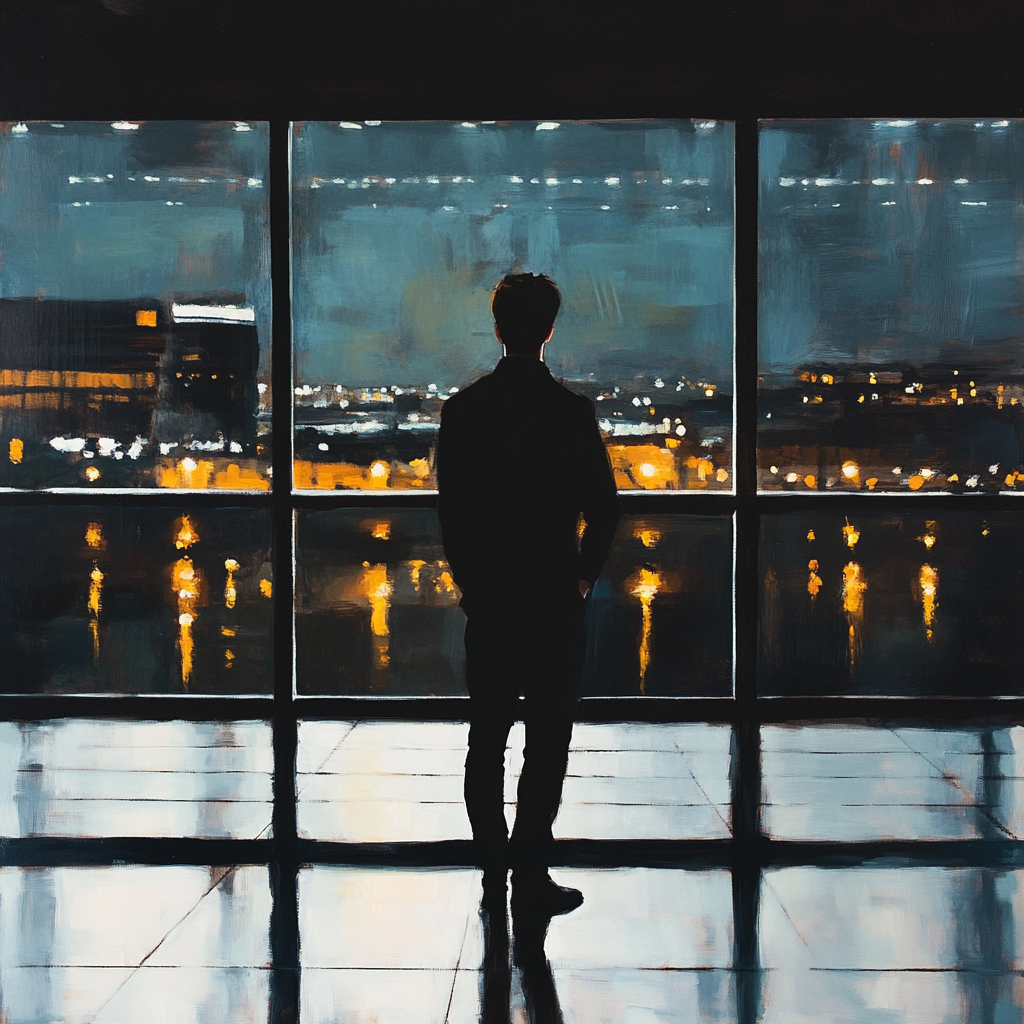 A young man at the airport, city lights glow