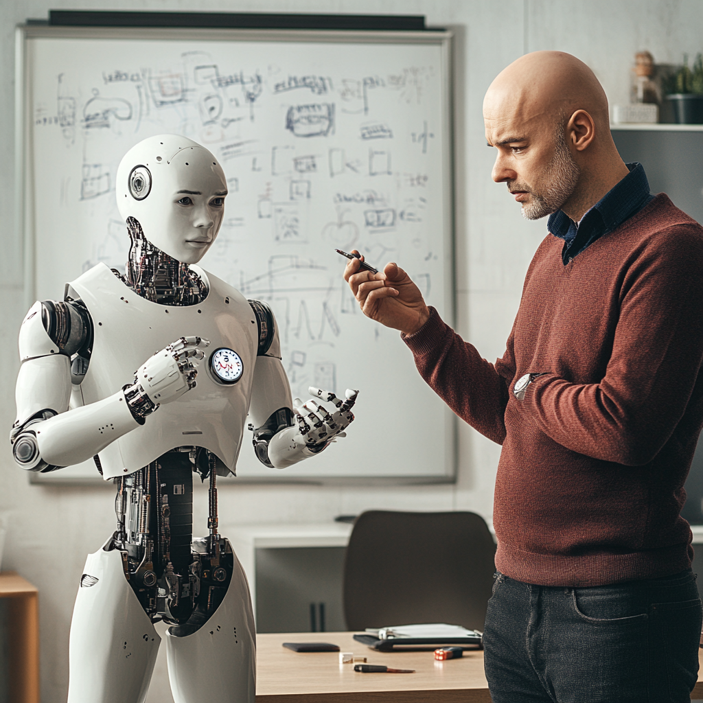 A young man explains in office with robot.