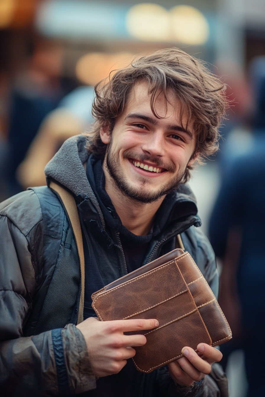 A young man happily holding a gift