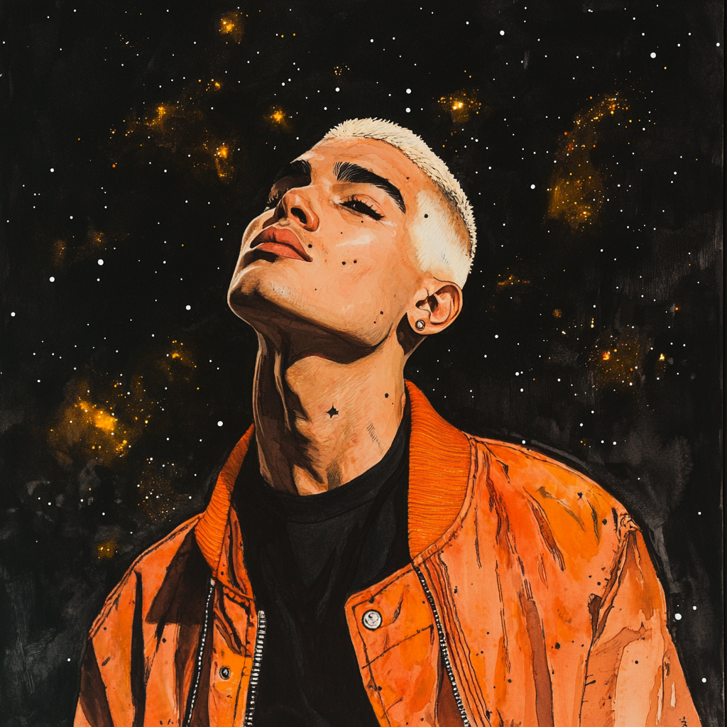 A young man in 90s jacket in space portrait