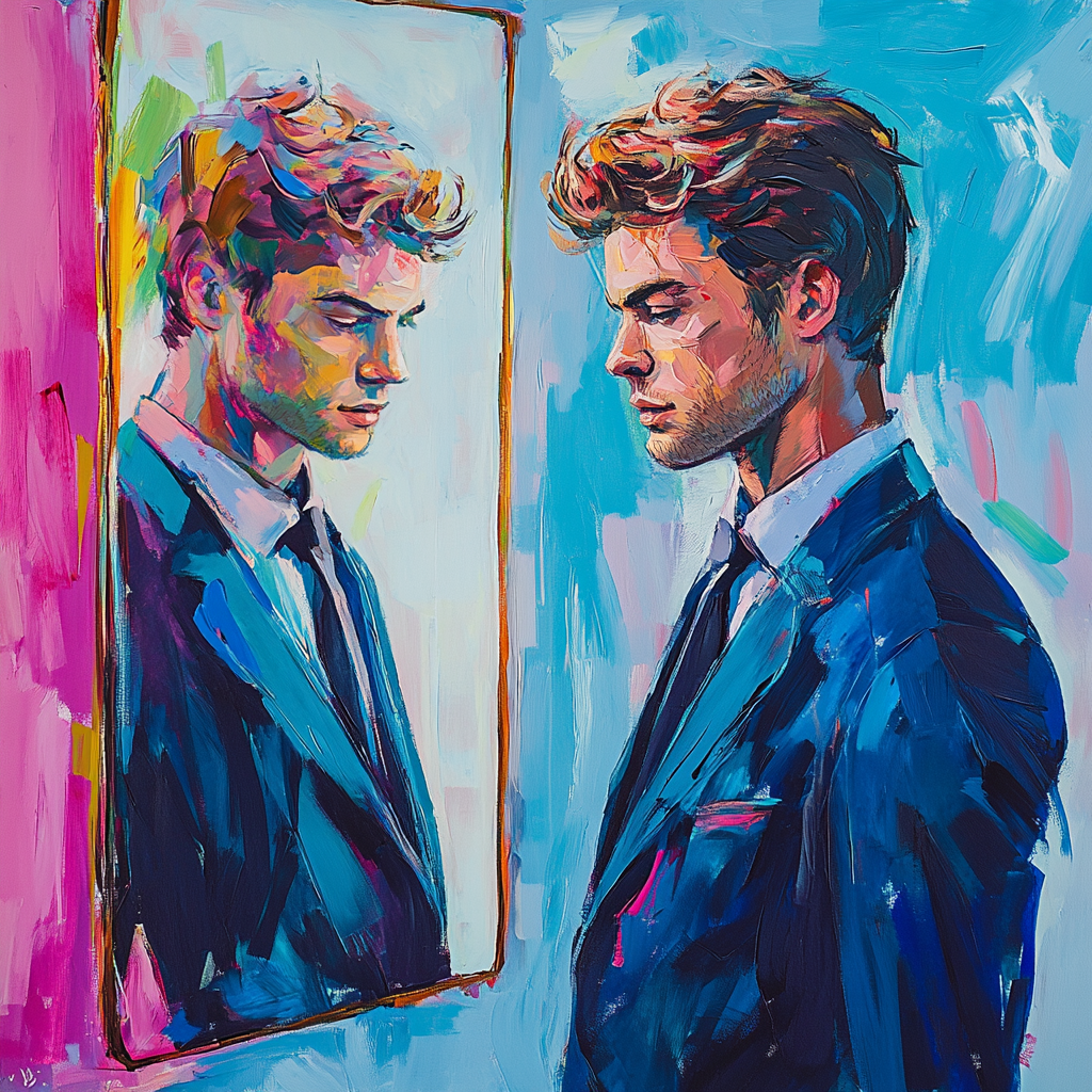 A young man in suit looks at mirror.