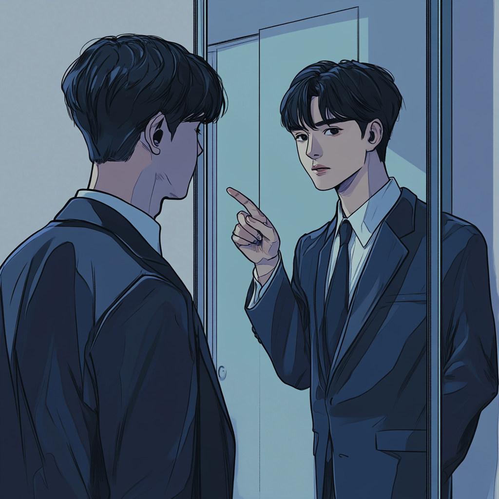 A young man in suit points at mirror