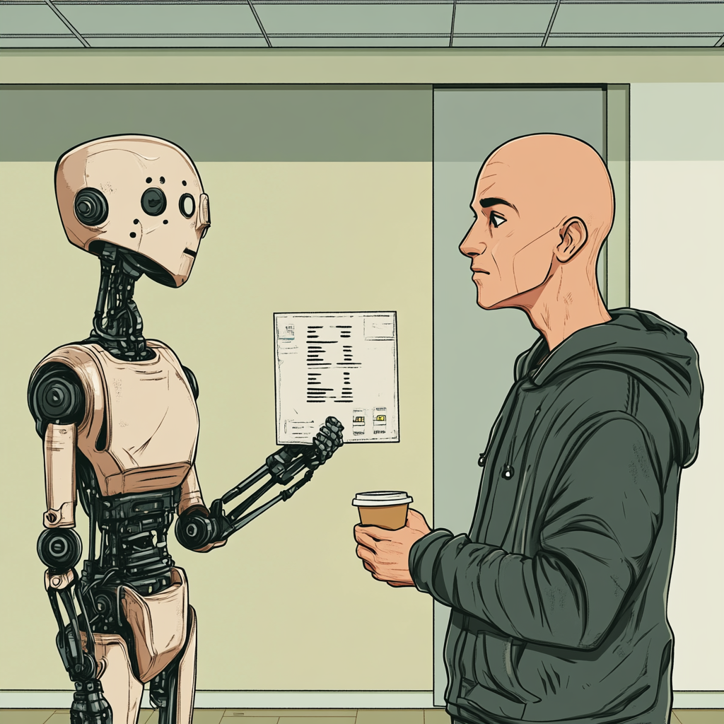 A young man on break with robot friend