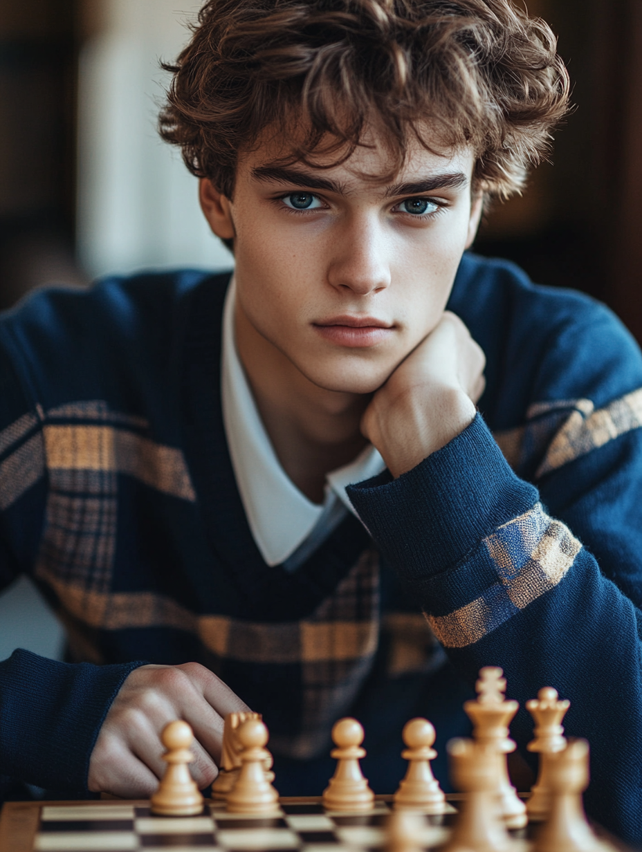 A young man playing chess in school uniform