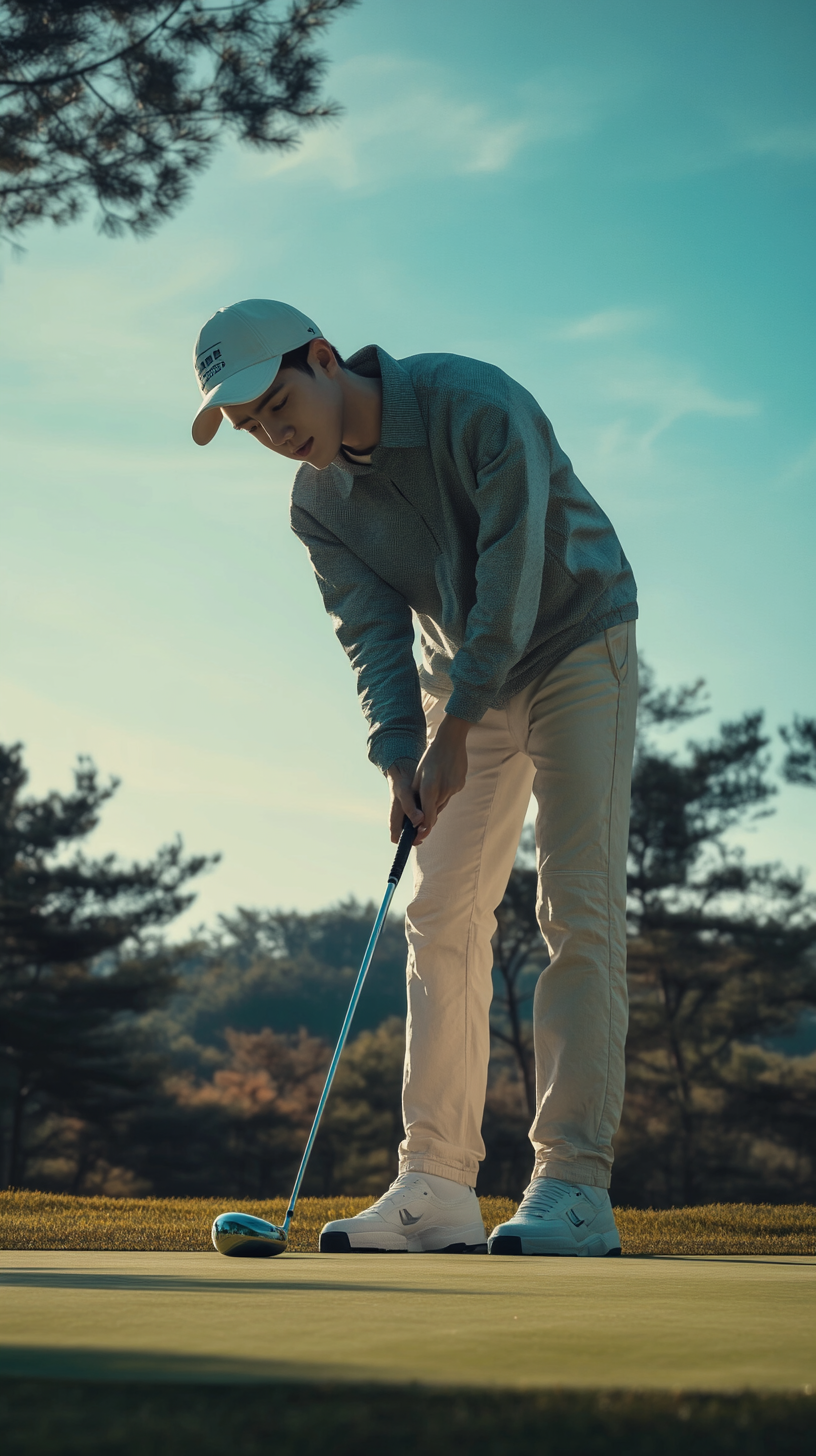 A young man playing golf in Korea, enjoying the game.