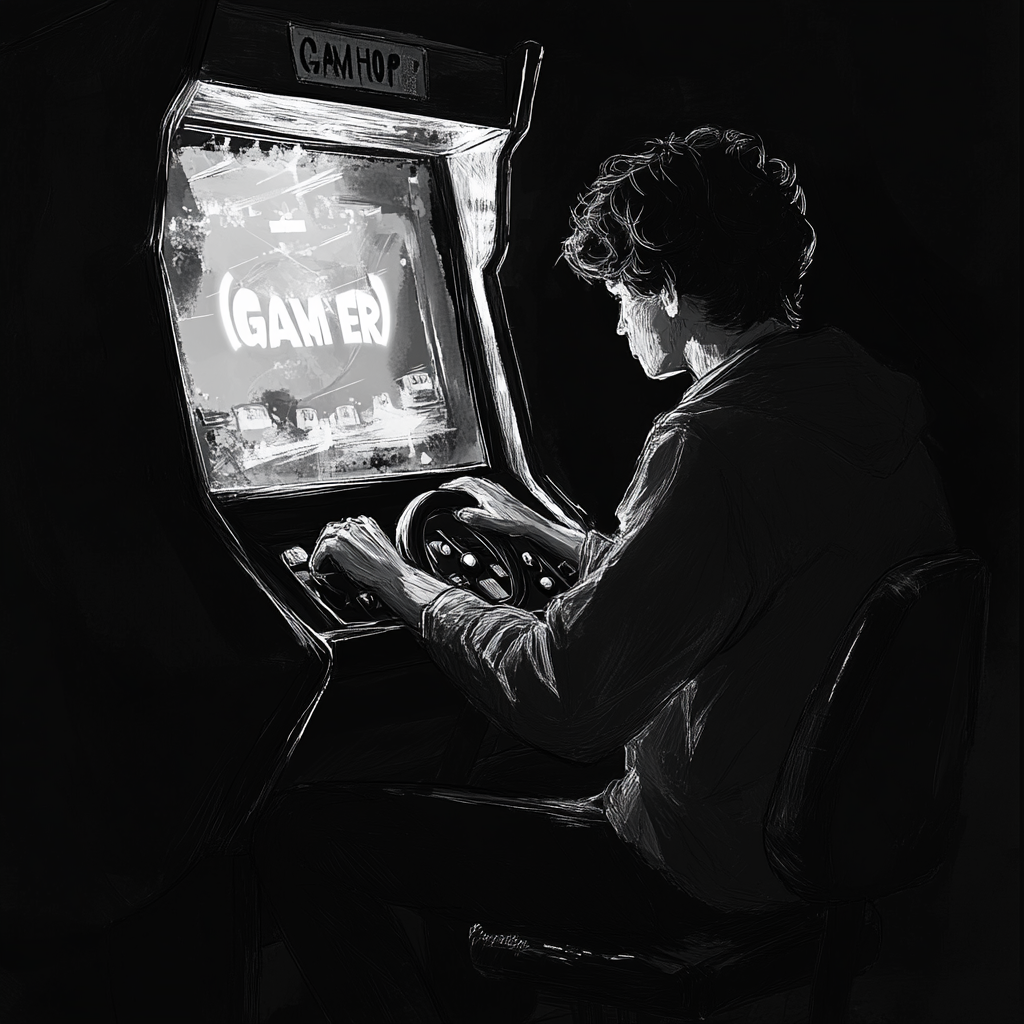 A young man plays arcade game, silhouette style.