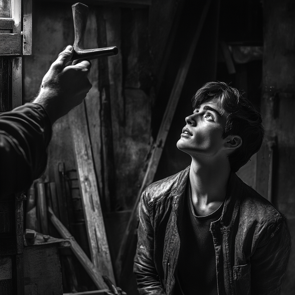 A young man receives a hammer from his mentor.