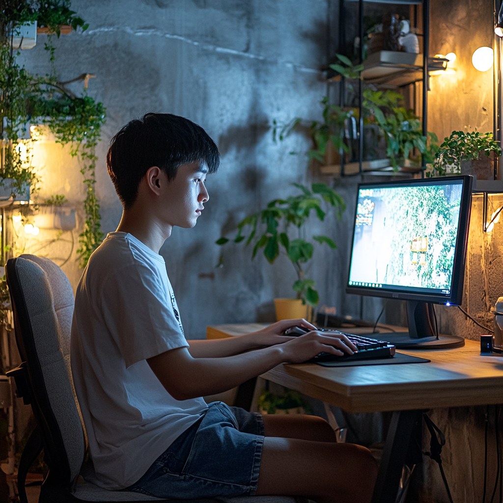 A young man typing at desk