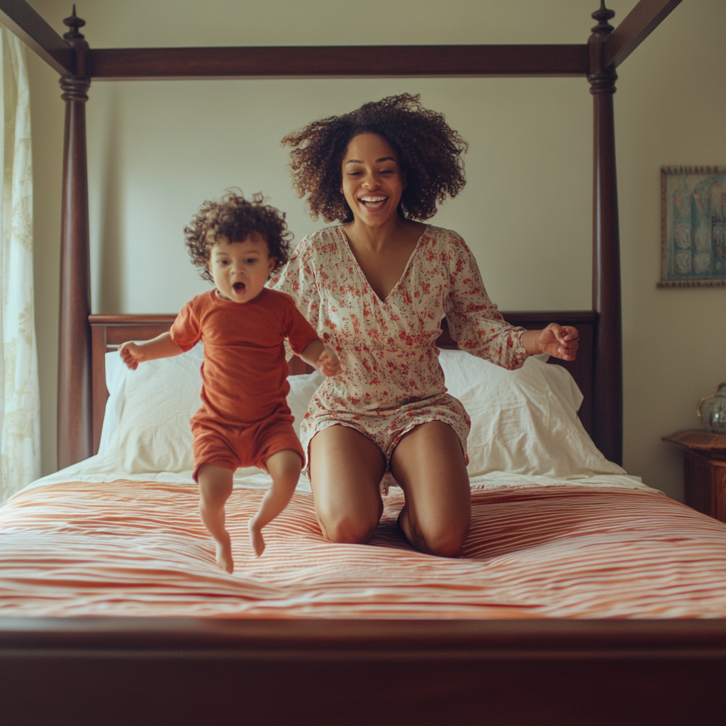 A young mother and toddler jumping on bed